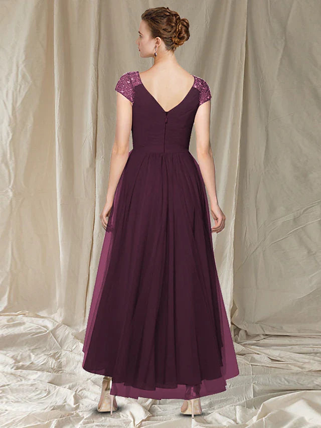 Wholesale A-Line Mother of the Bride Dress Elegant High Low V Neck Asymmetrical Ankle Length Chiffon Cap Sleeve with Pleats Beading Sequin
